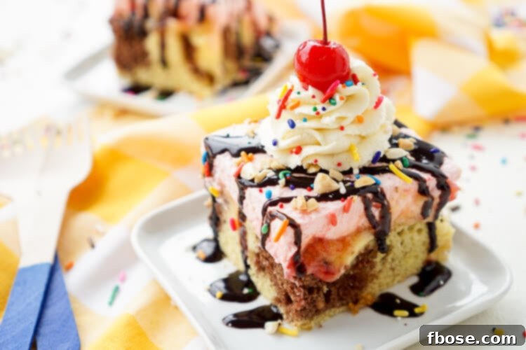 Irresistible Banana Split Cake 3 Close-up of a slice of Banana Split Cake showcasing its rich layers and colorful toppings.