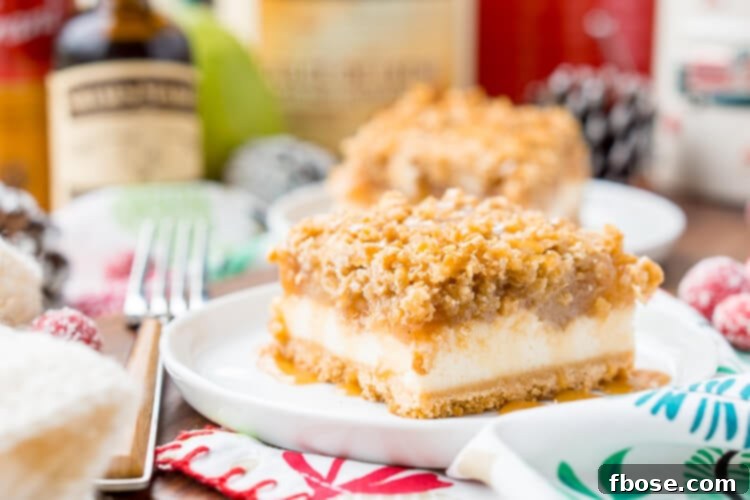 Caramelized Pear Cheesecake Bars 3 Close-up of a single Caramel Pear Cheesecake Bar showcasing its layers.