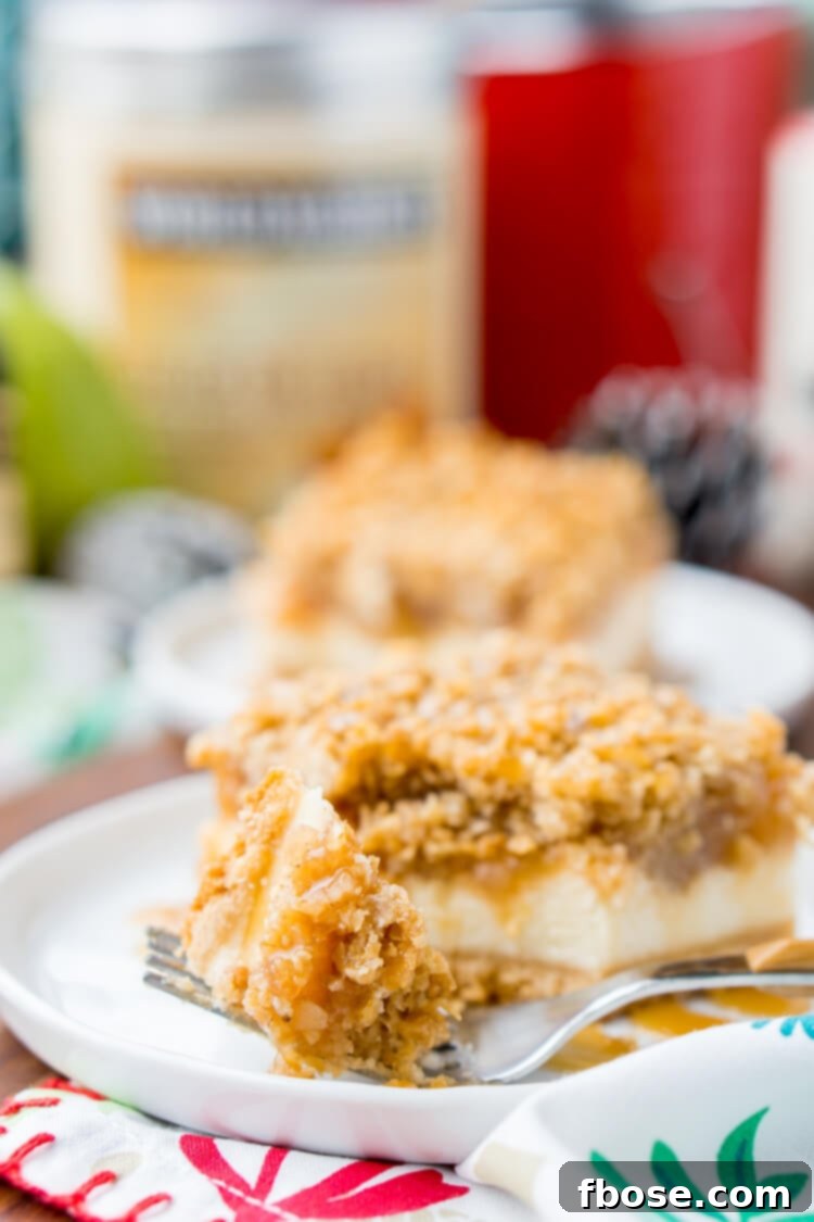 Caramelized Pear Cheesecake Bars 5 Artfully arranged Caramel Pear Cheesecake Bars on a festive wooden board.