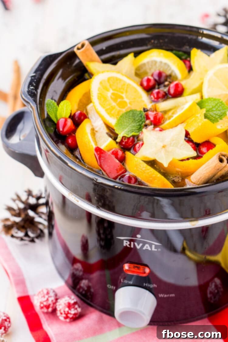A close-up of the fragrant ingredients for DIY Holiday Crock Pot Potpourri, including vibrant cranberries, orange slices, and cinnamon sticks.