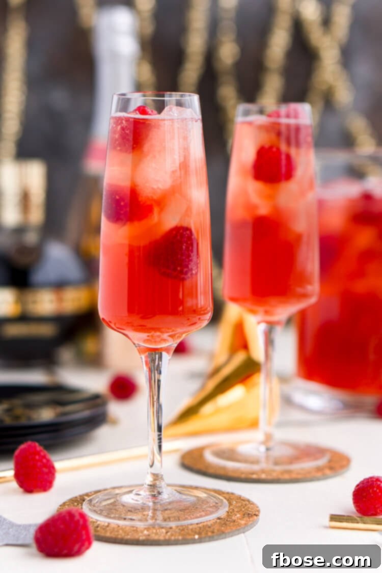 New Year's Eve Champagne Punch is loaded with Triple Sec, blackberry brandy, Chambord, pineapple juice, ginger ale, and champagne for a drink that's sure to impress all your NYE party guests!