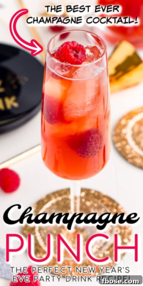 New Year's Eve Champagne Punch is loaded with Triple Sec, blackberry brandy, Chambord, pineapple juice, ginger ale, and champagne for a drink that's sure to be a big hit with all your New Year's Eve party guests!