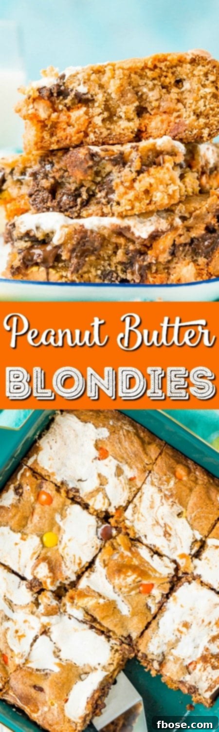 Peanut Butter Cloud Blondies 6 Pin this recipe for Peanut Butter Fluff Blondies to save it for later. A close-up of the delicious dessert.