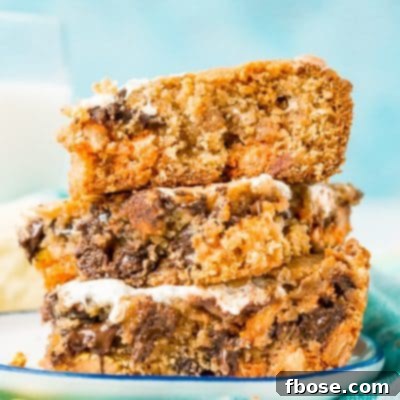 Peanut Butter Fluff Blondies: a delicious, chewy dessert with peanut butter, marshmallow fluff, chocolate chips, and Reese's Pieces.