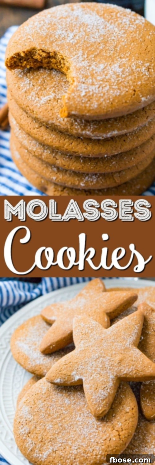 Classic Chewy Molasses Cookies 8 Tall pin graphic for Soft Molasses Cookies, a dairy-free recipe with molasses, spices, and sugar, ideal for saving for holiday baking.