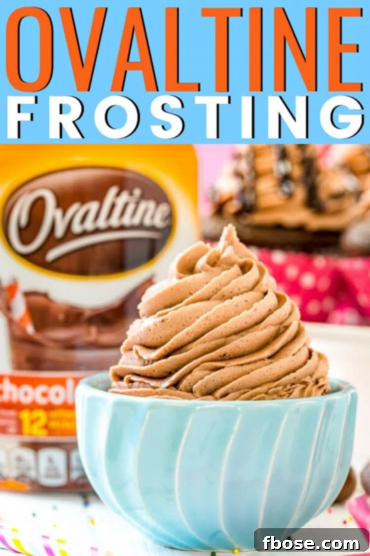 Bowl of Chocolate Malt Frosting with Jar of Ovaltine in the background