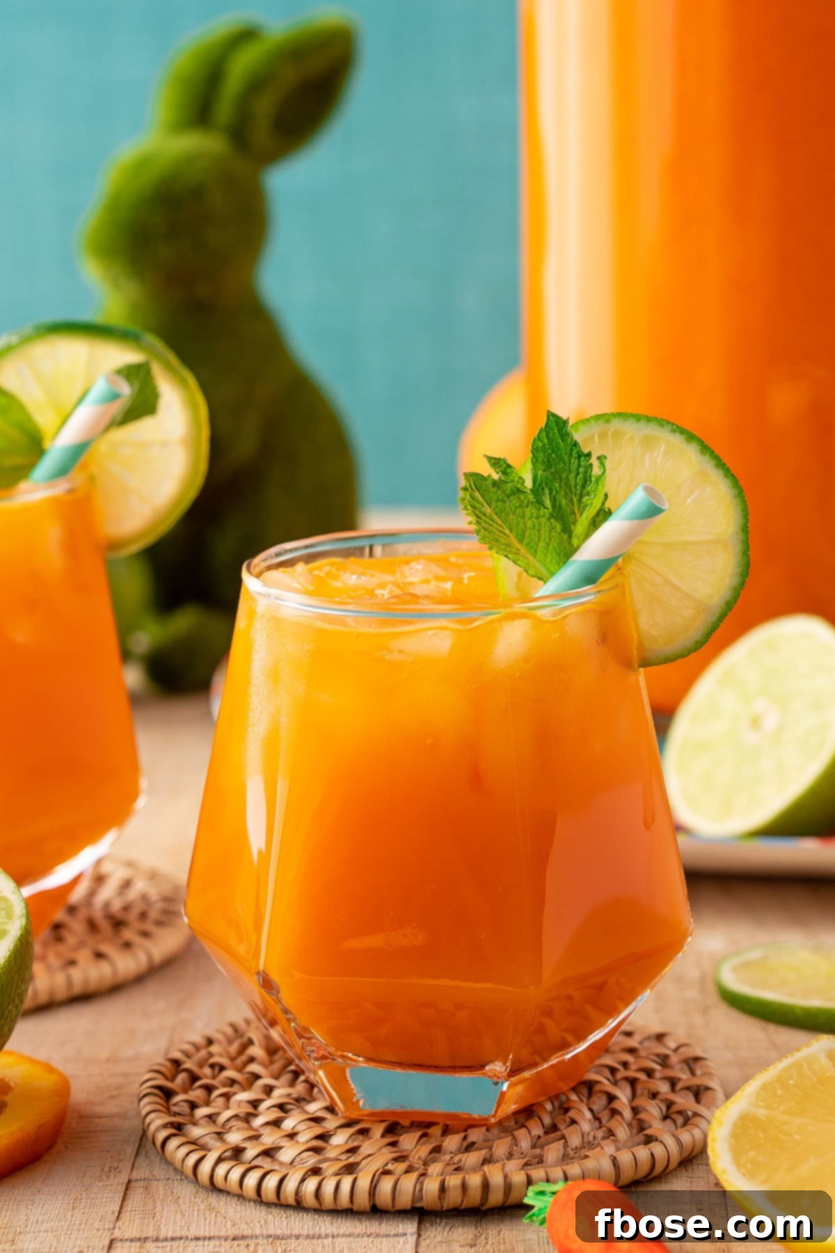 Close up of a glass of vivid orange Easter punch adorned with citrus slices, with blurred festive Easter decorations in the background.