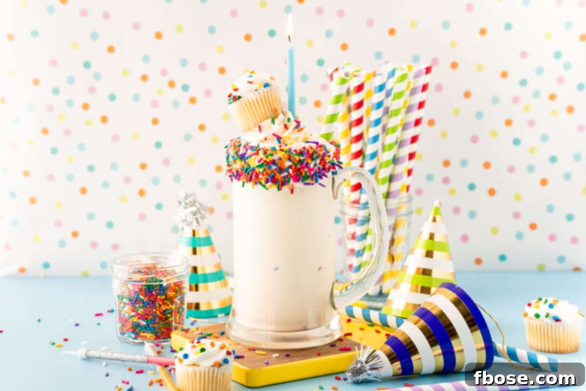 A birthday cake milkshake in a tall glass mug, ready to be enjoyed.