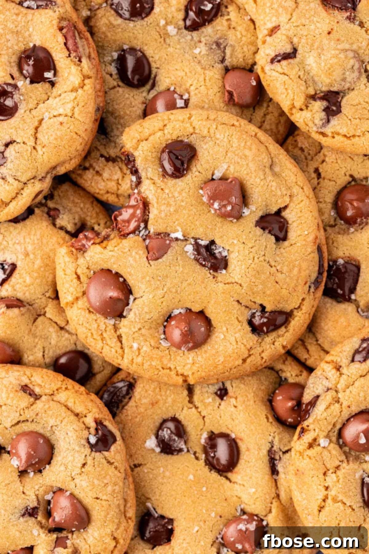Close up of a plate of bakery-style chocolate chip cookies with flaky sea salt on top, highlighting their thick, chewy texture.