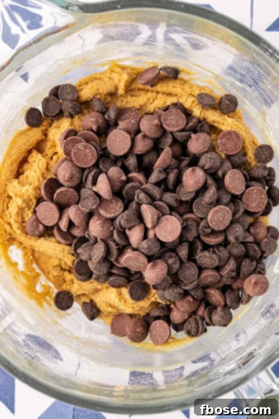 Chocolate chips being folded into cookie dough in a mixing bowl.