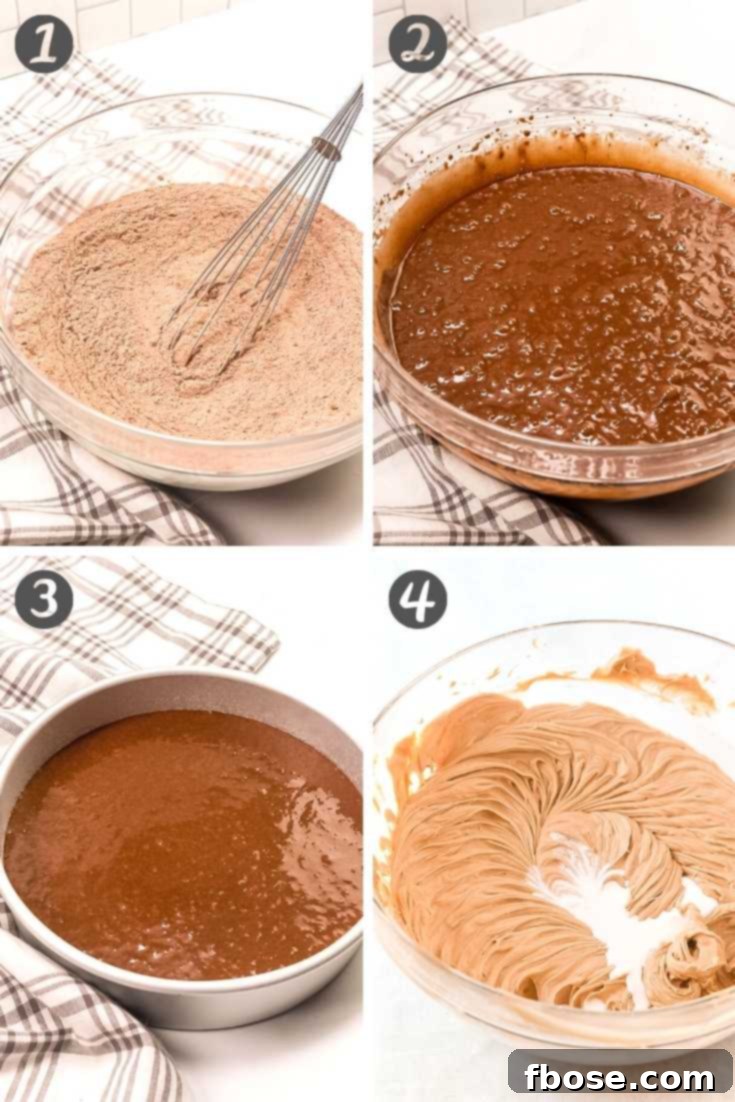 Decadent Chocolate Cookie Butter Cake 5 A photo collage detailing the step-by-step process of making the chocolate cookie butter cake batter, from mixing dry ingredients to adding wet ingredients and pouring into pans.