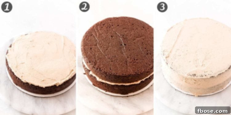 Decadent Chocolate Cookie Butter Cake 6 A photo collage demonstrating the assembly of a cookie butter layer cake, showing the application of frosting between layers and a crumb coat.