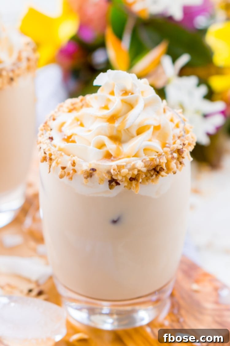 Indulgent German Chocolate Cocktail, a sweet dessert drink with coconut, vanilla, chocolate, and caramel. Perfect for both alcoholic and non-alcoholic enjoyment.