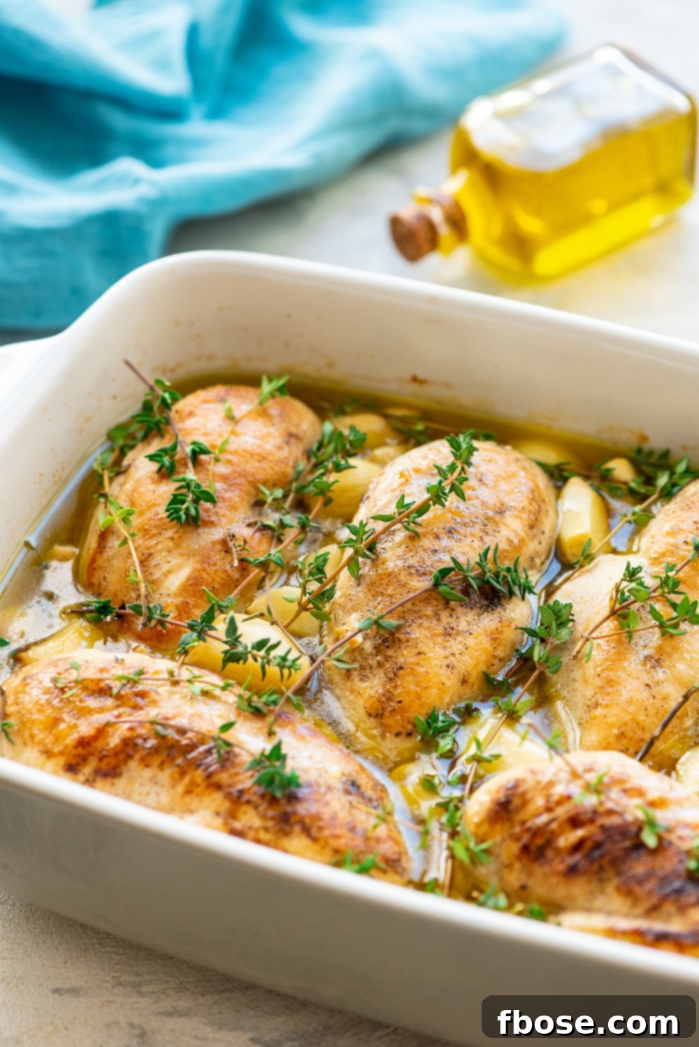 Garlic Chicken in a white baking dish with olive oil bottle and blue napkin in background.