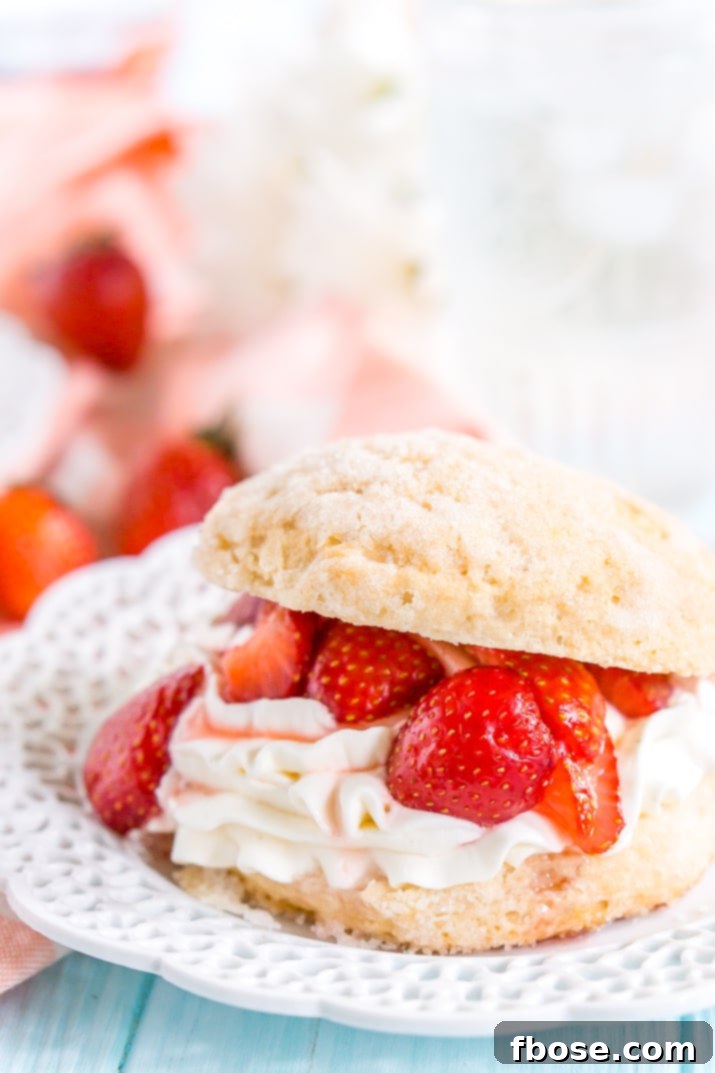 Close up photo of a prepared strawberry shortcake dessert on a white plate with more fresh strawberries in the background.