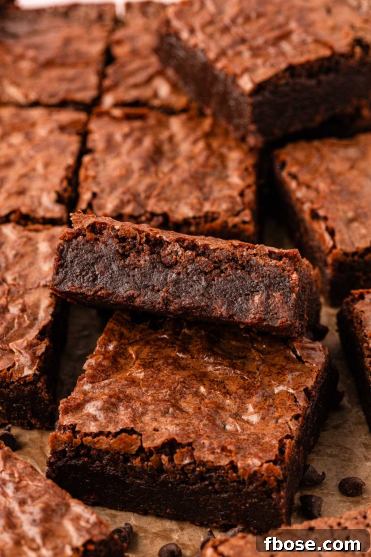 Close up photo of fudge brownies sliced on a piece of parchment, showcasing their rich, dark color and crinkly tops.