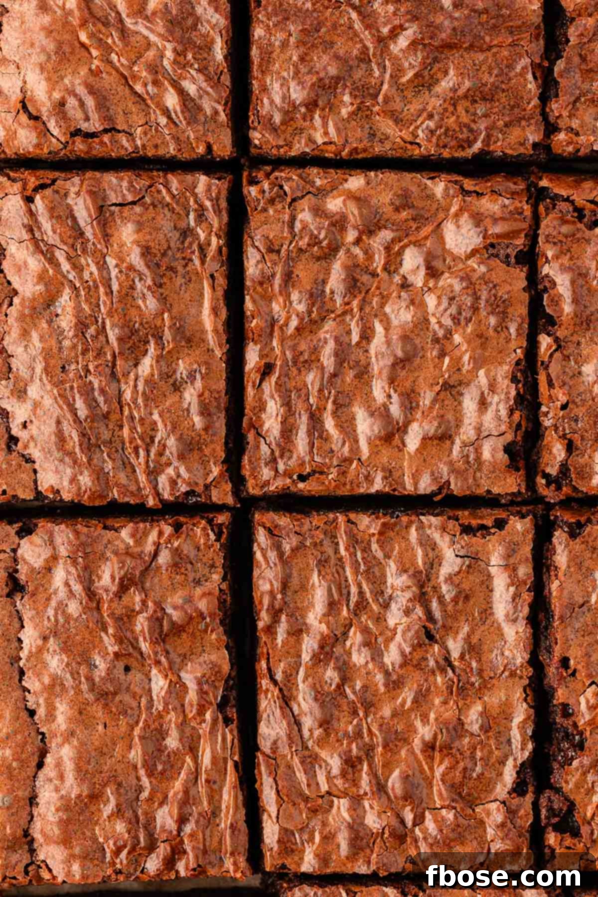 Overhead close up photo of sliced brownies, showing their moist interior and crinkled top.