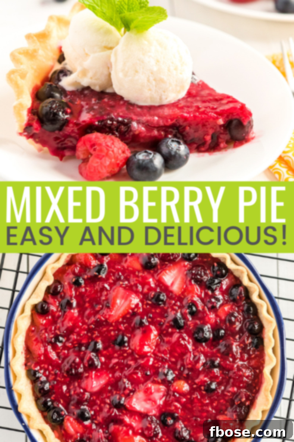 This Berry Pie recipe combines the delicious sweet and tart flavors of four different berries! A single layer crust pie requiring minimal baking made with strawberries, blueberries, raspberries, and blackberries make this the perfect spring and summer pie!