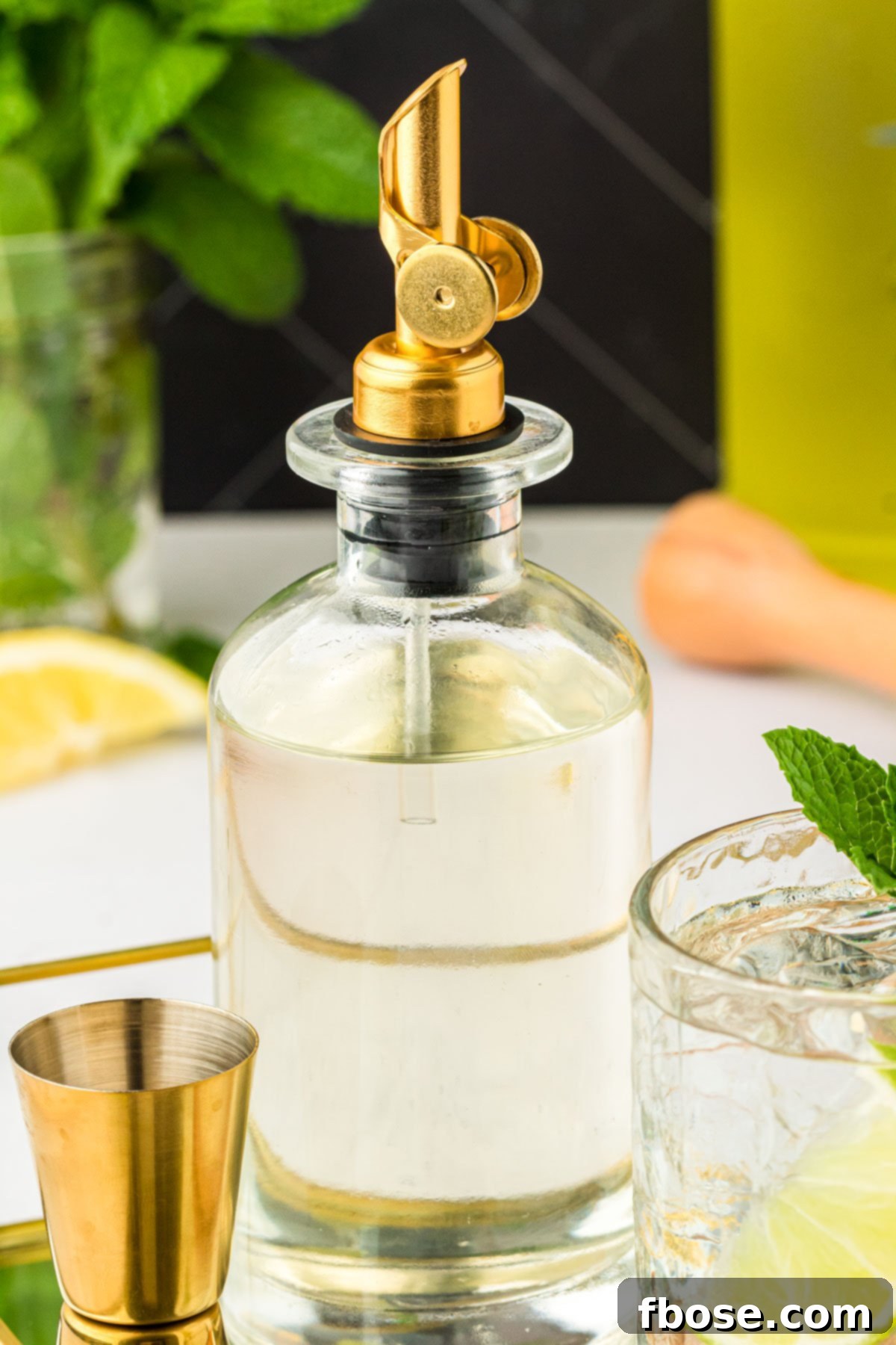 A bottle of homemade simple syrup on a bar, ready for use in drinks and desserts.