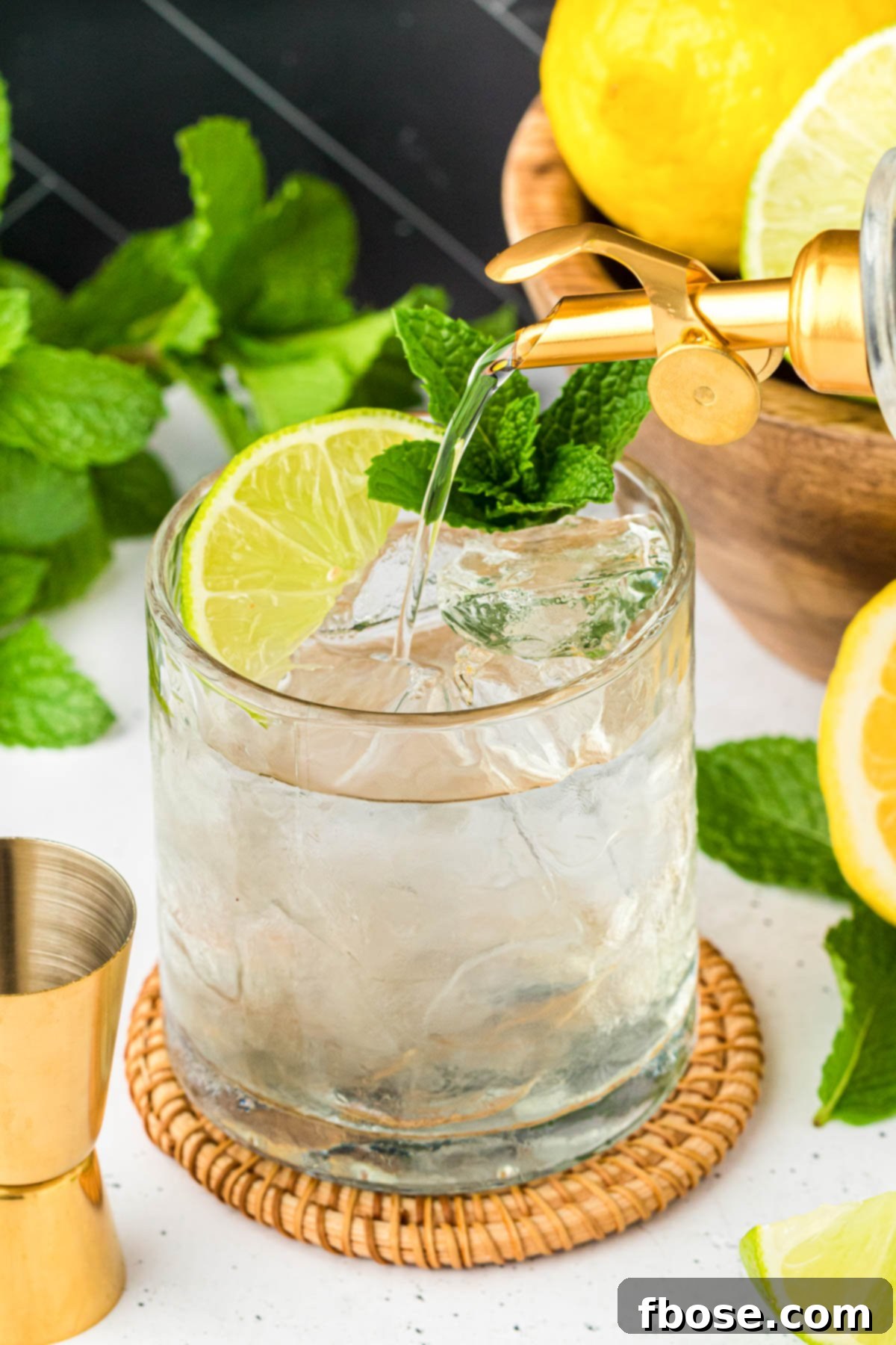 Simple syrup being poured into a cocktail glass with ice and garnishes.