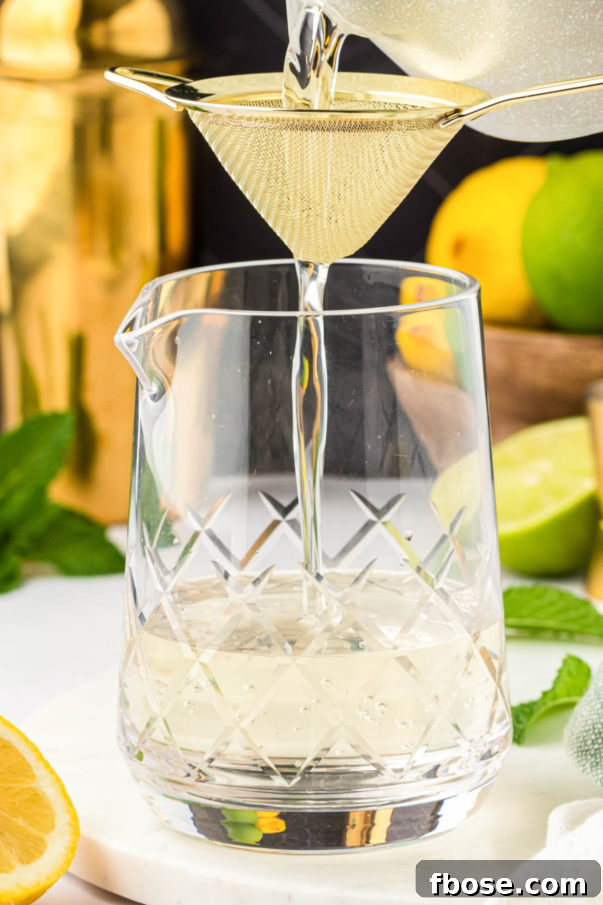 Simple syrup being carefully strained through a fine mesh sieve into a clean storage container.