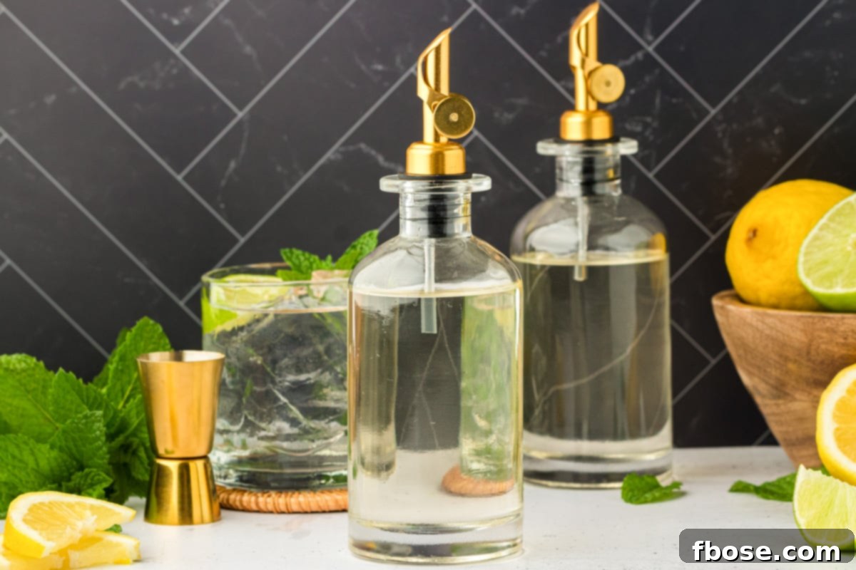 Bottles of homemade simple syrup displayed on a wooden table.