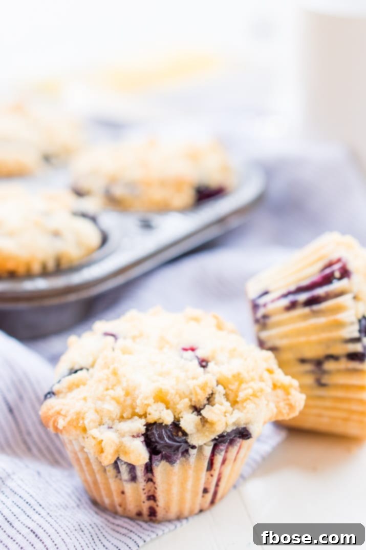 Delicious homemade blueberry muffins with a crunchy crumb topping, fresh from the oven, perfect for breakfast.
