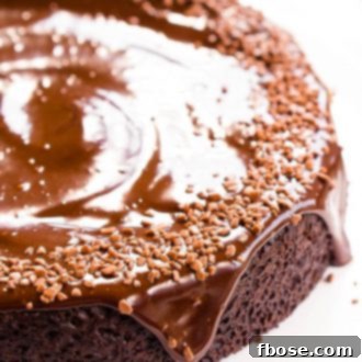 Chocolate Wacky Cake topped with chocolate icing and sprinkles on a white cake stand.