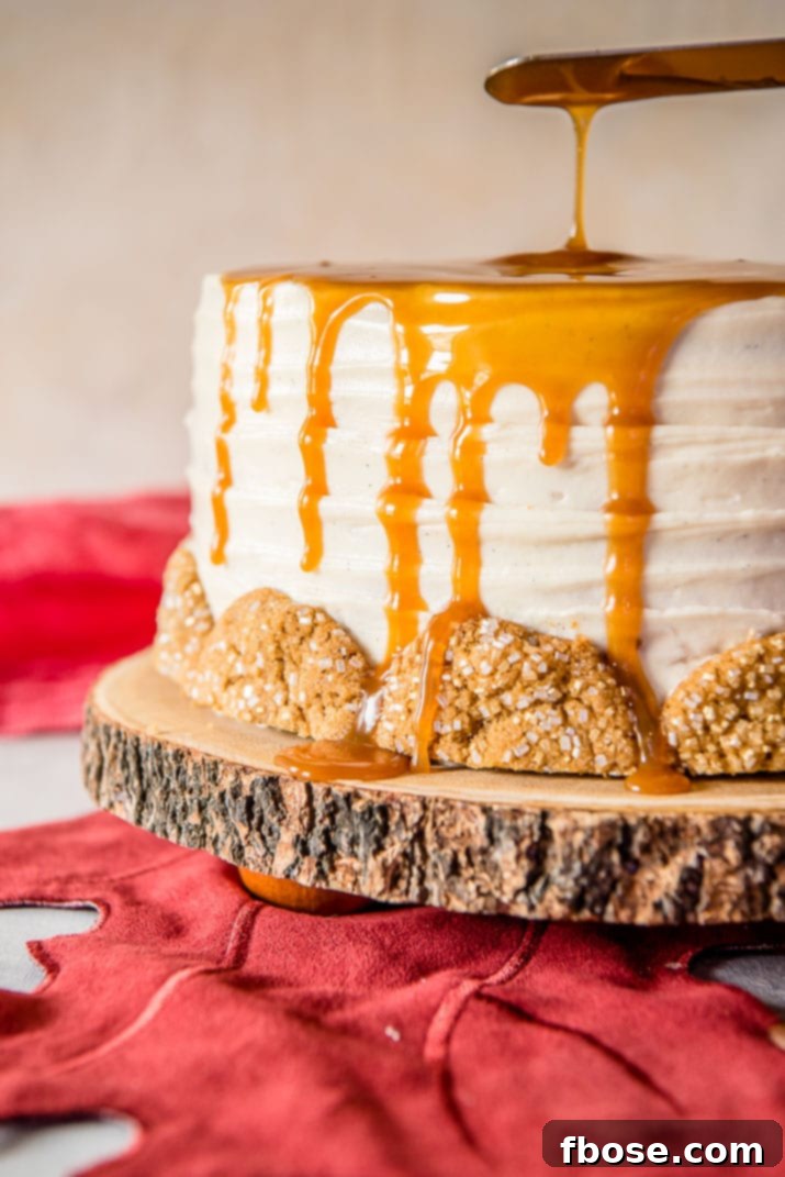 Spiced Bourbon Caramel Decadence 3 Whole Bourbon Caramel Spice Cake decorated with drizzled caramel and crushed gingersnap cookies, ready for serving.