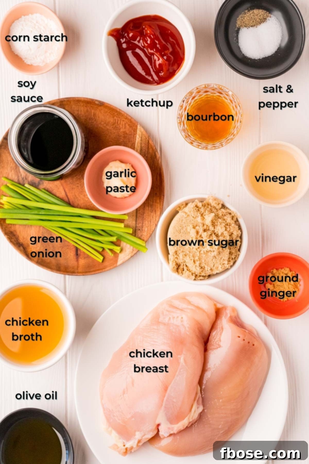 Effortless Bourbon Chicken 4 Overhead photo of ingredients prepper to make bourbon chicken.