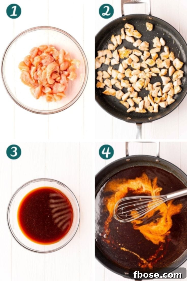 Effortless Bourbon Chicken 5 Steo-by-step photo collage showing how to make bourbon chicken.