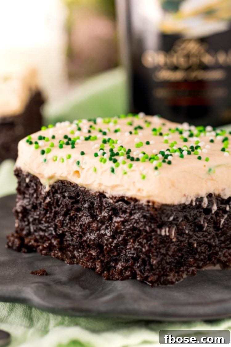 Close up photo of a slice of chocolate cake with irish cream frosting, ready to be enjoyed.