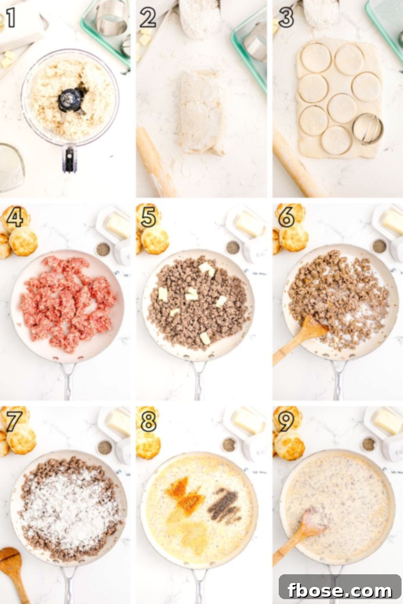 Step-by-step photo collage illustrating the process of making homemade sausage and gravy from scratch, showing various stages of cooking.