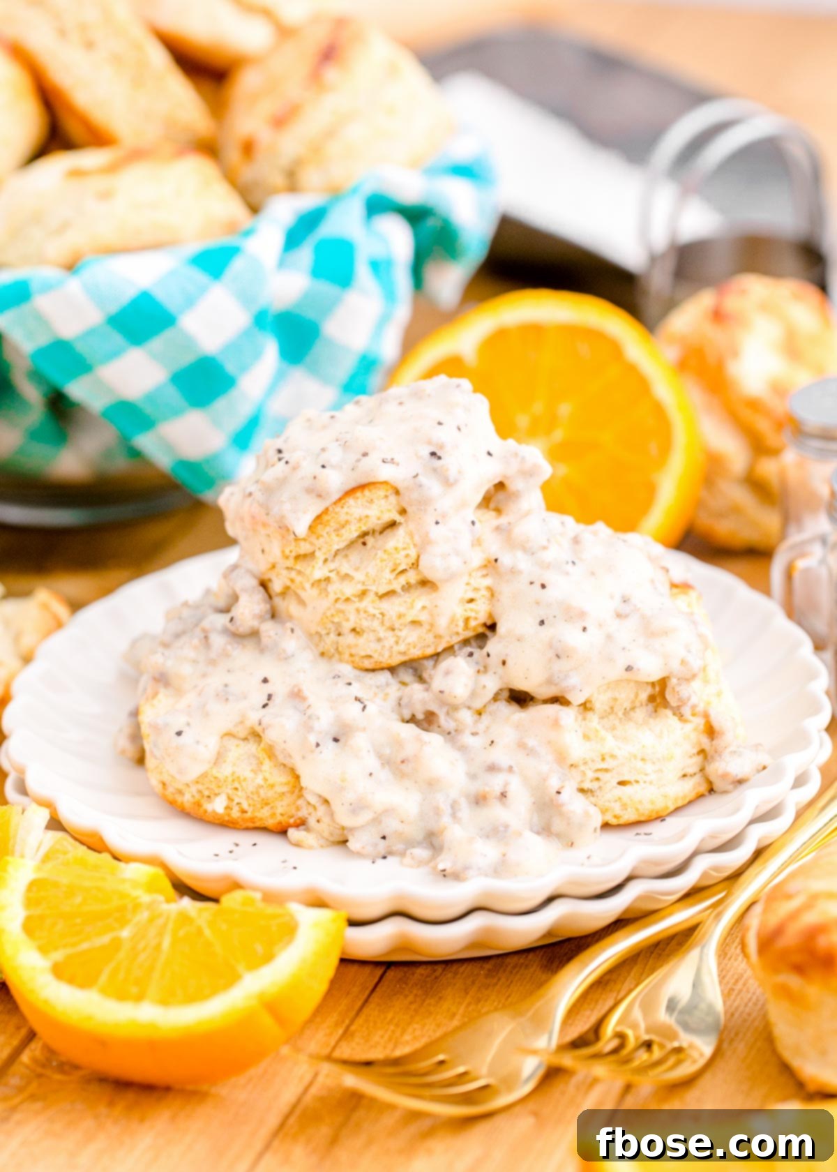 A beautifully plated serving of homemade biscuits and sausage gravy on a white plate, set on a rustic wooden table, ready for a delicious breakfast.