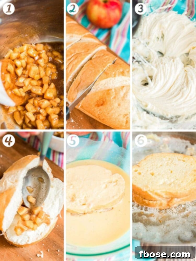 Step-by-step photo collage showing how to make apple stuffed french toast.