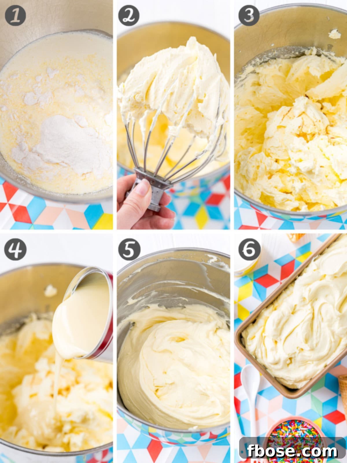 Collage of step-by-step photos for how to make vanilla ice cream without an ice cream machine.
