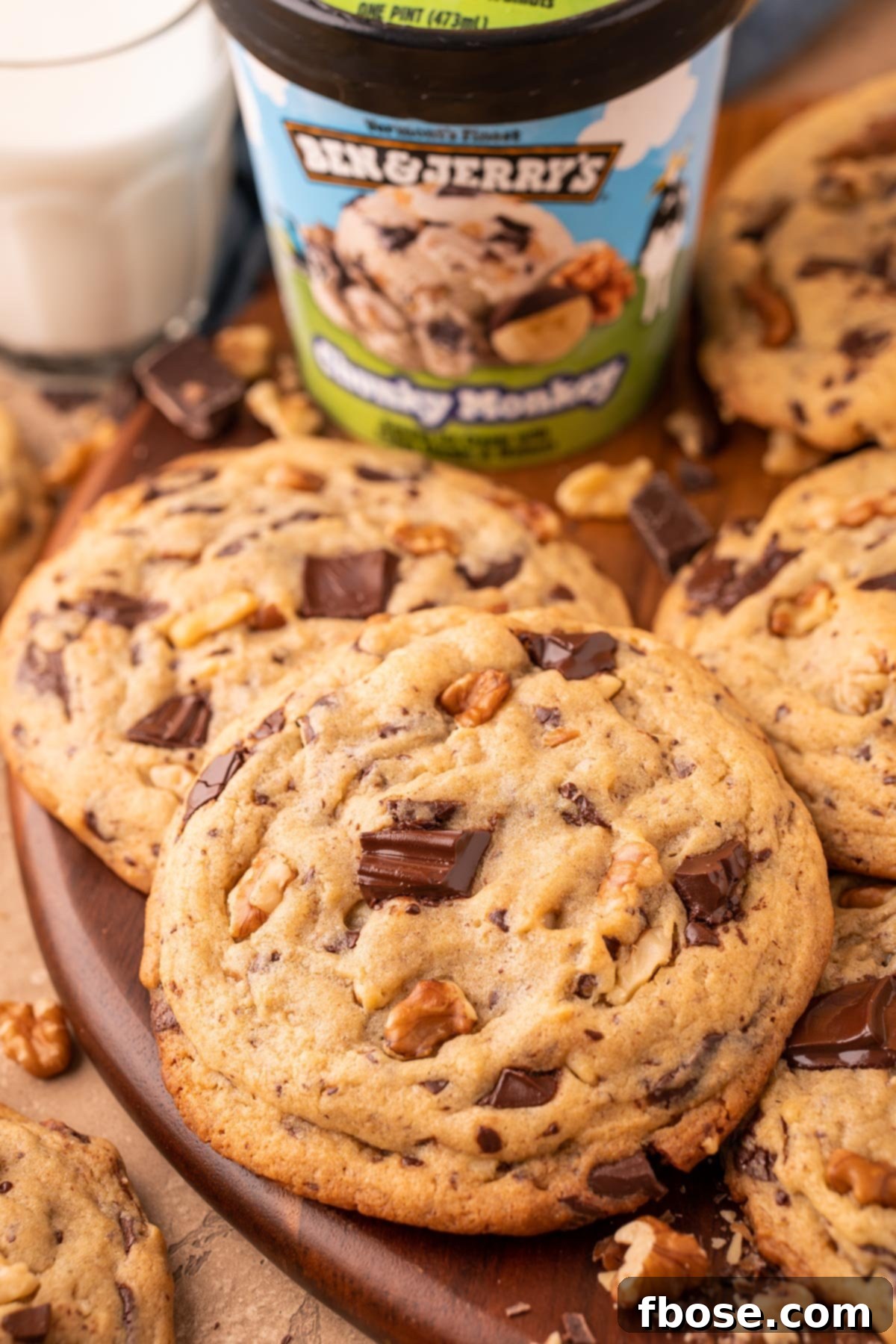 Decadent Chunky Monkey Pudding Cookies 2 Close up photo of Chunky Monkey Pudding Cookies on a board.