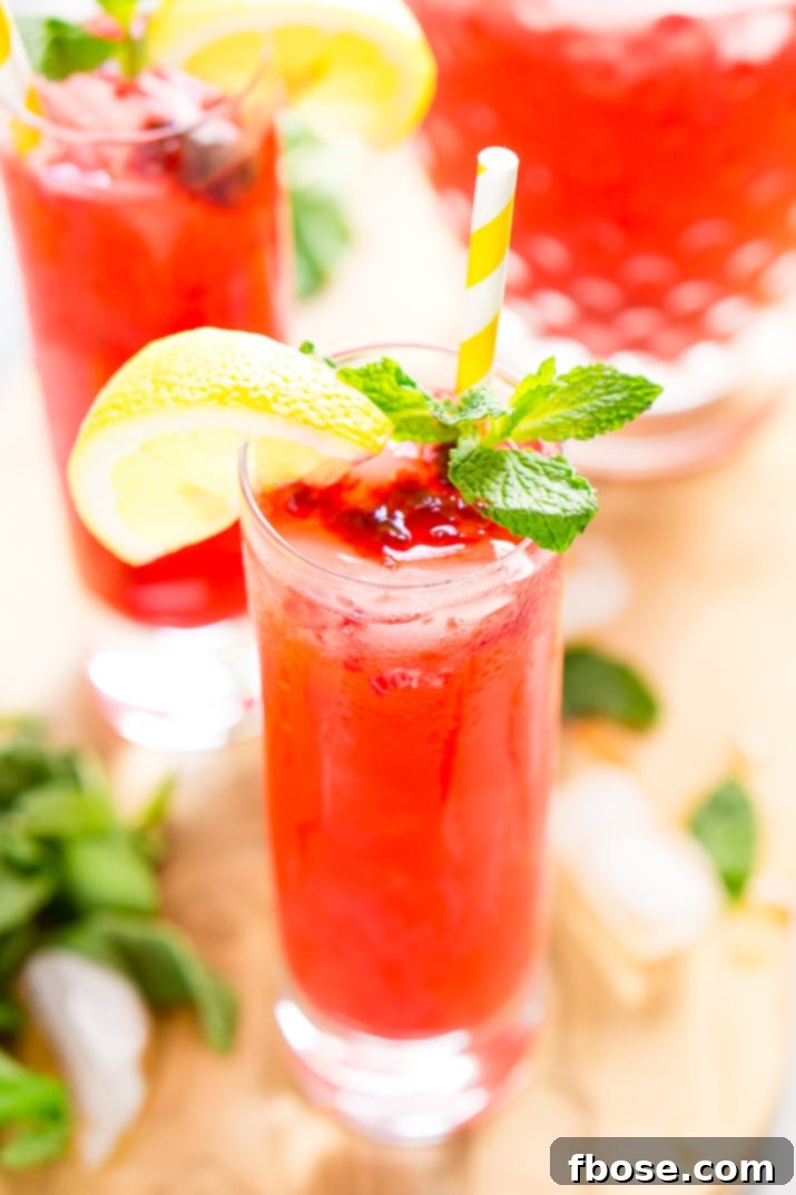 Refreshing Raspberry Lemonade Sparkler 2 A refreshing glass of Sparkling Raspberry Lemonade garnished with fresh raspberries and a lemon slice.