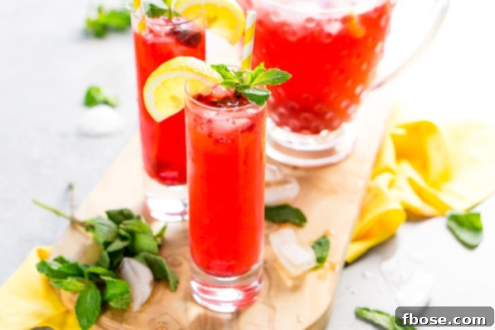 Refreshing Raspberry Lemonade Sparkler 4 A glass of Sparkling Raspberry Lemonade with a lemon wedge and mint for garnish.