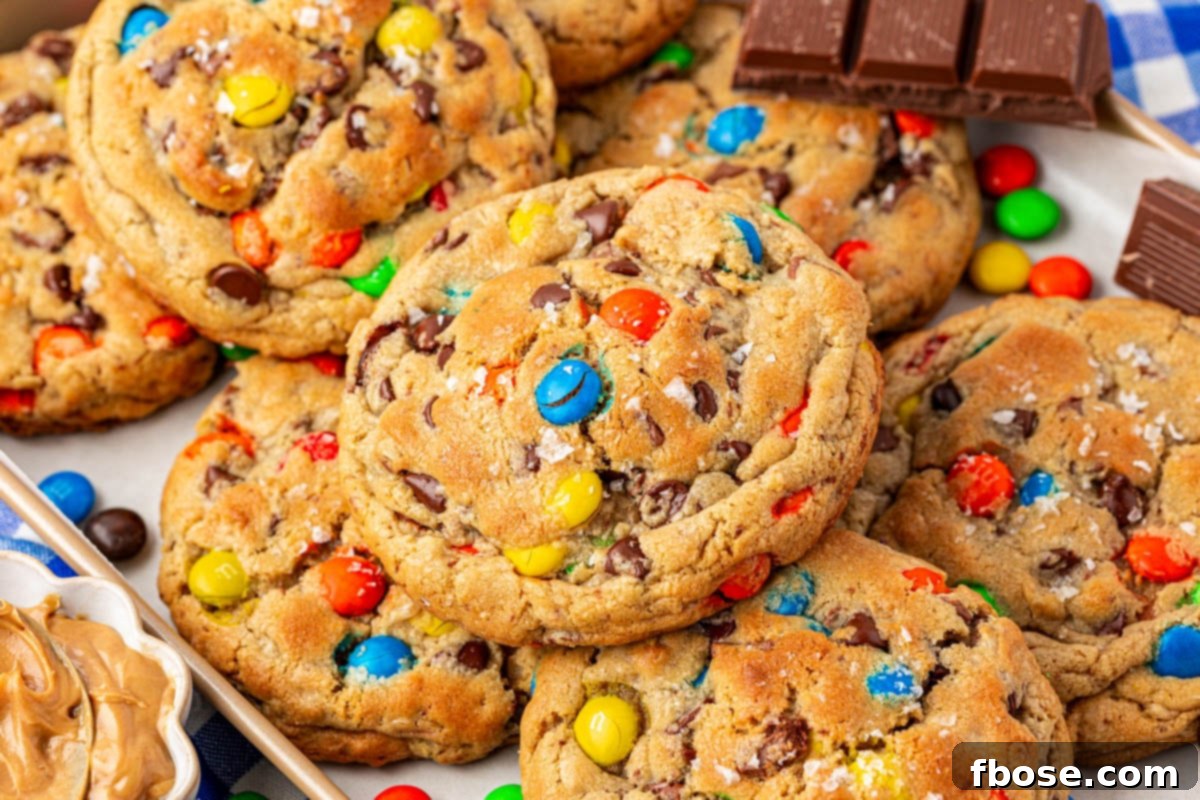 Monster cookies stacked on a sheet pan.
