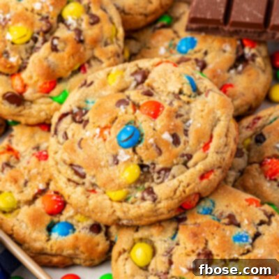 Monster cookies stacked on a sheet pan.