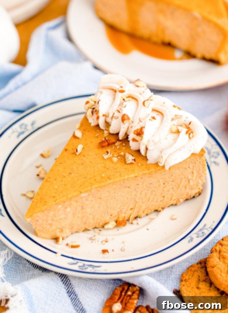 A slice of pumpkin cheesecake on a blue rimmed white plate.