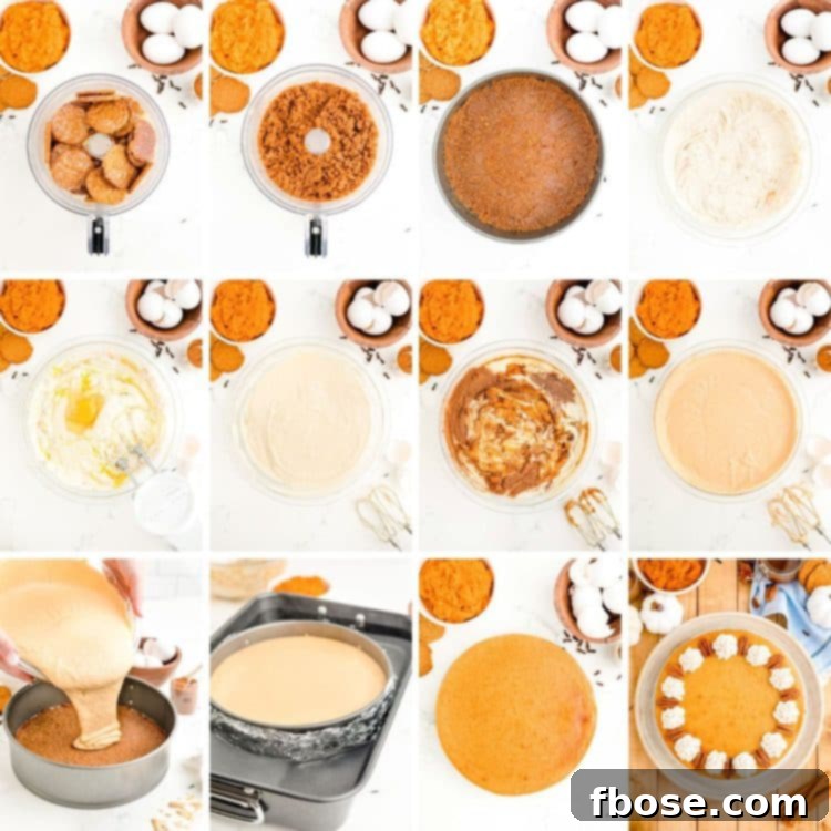 Step by step photo collage showing how to make pumpkin cheesecake from scratch.