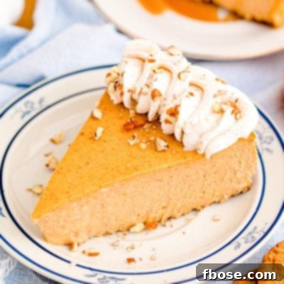 A slice of pumpkin cheesecake on a blue rimmed white plate.