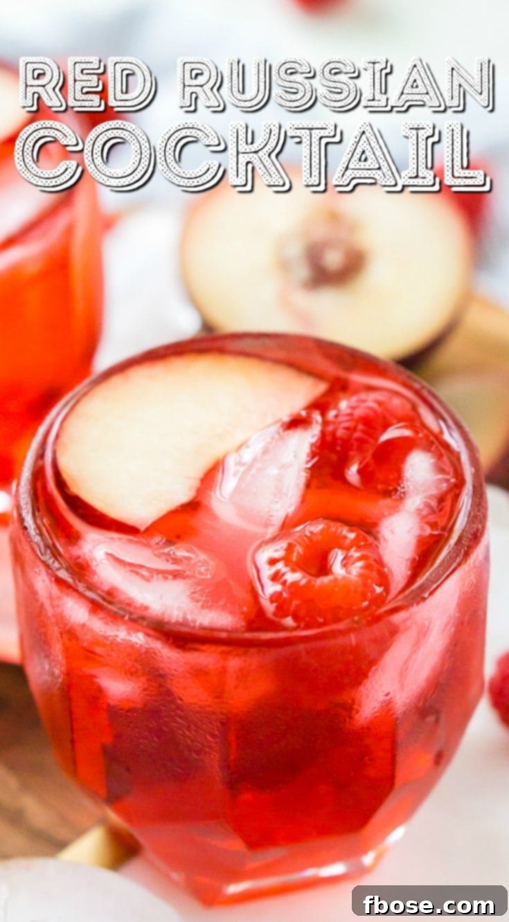 Pin this image to Pinterest: a Red Russian Cocktail with cherries, for an easy party drink
