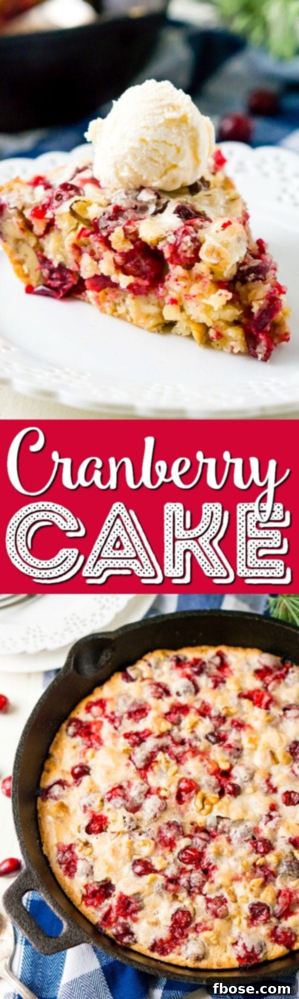 A large, rustic image of the Cranberry Cake in a skillet, perfect for pinning to Pinterest for later use.