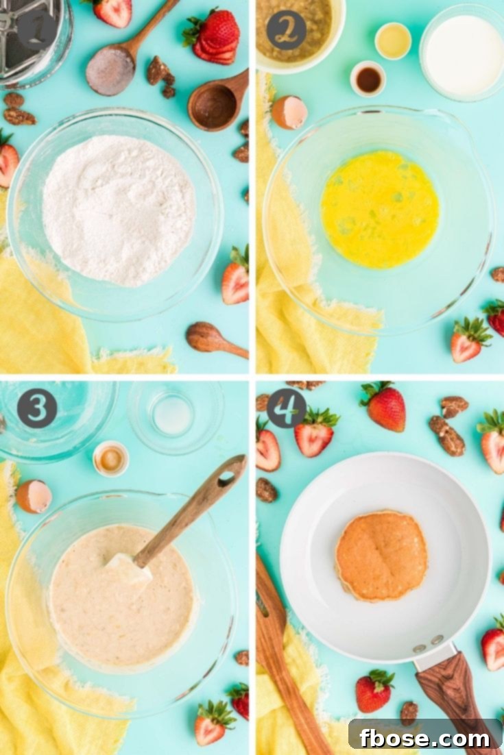 A step-by-step photo collage detailing the process of making banana pancakes, from mixing ingredients to cooking on a griddle.