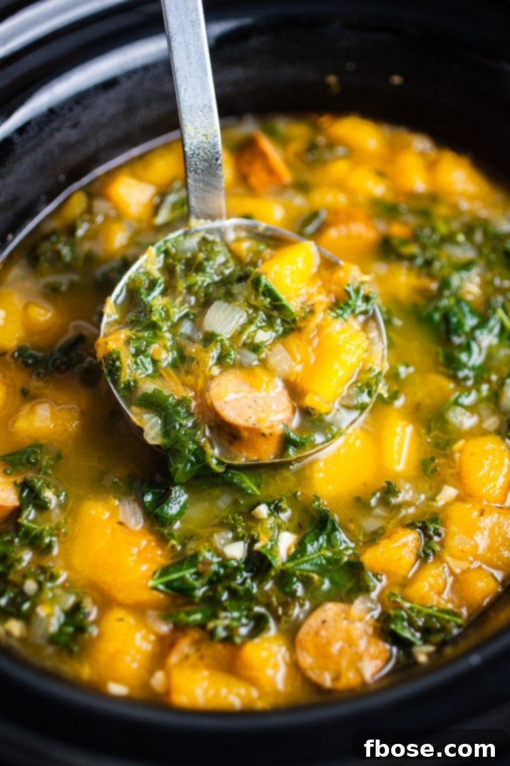 Hearty Crockpot Butternut Squash, Sausage, and Kale Soup