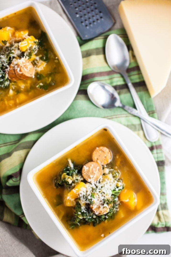 Delicious Crockpot Butternut Squash, Sausage, and Kale Soup