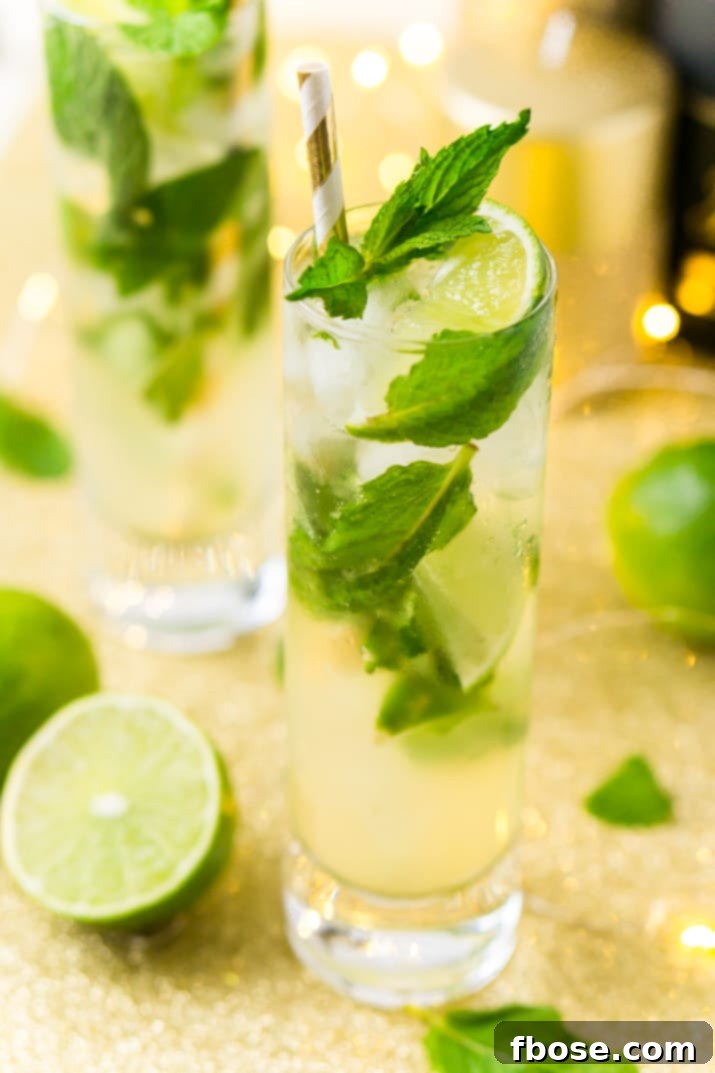 A beautifully crafted Champagne Mojito, a bubbly twist on the classic cocktail, perfect for parties and celebrations. Featuring fresh limes, mint, simple syrup, rum, and champagne for a zesty and refreshing taste.